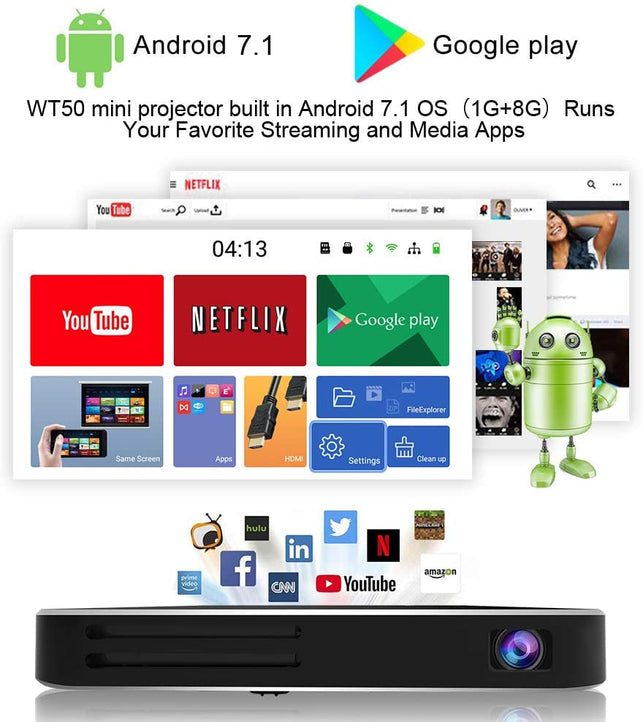 AKASO WT50 Mini Projector, 1080P HD Video DLP Portable Projector with Android 7.1, WIFi, Wireless and Wired Screen Sharing, Trackpad Design, Pocket Si