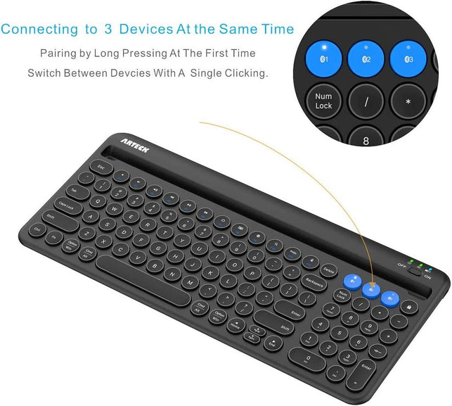 Arteck Universal Bluetooth Keyboard Multi-Device Built-In Cellphone Cradle Wireless Keyboard for Windows, Ios, Android, Computer Desktop Laptop Surface Tablet Smartphone Built-In Rechargeable Battery