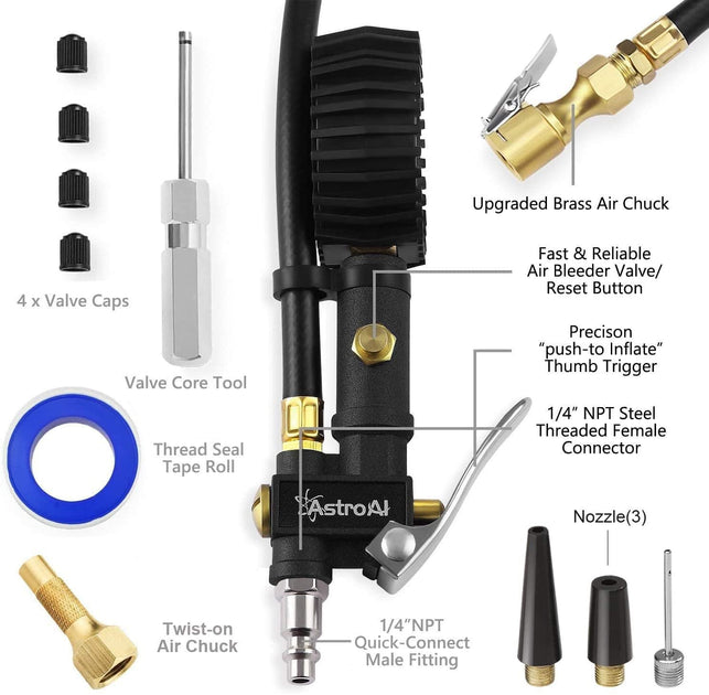 Astroai Digital Tire Inflator with Pressure Gauge, 250 PSI Air Chuck and Compressor Accessories Heavy Duty with Rubber Hose and Quick Connect Coupler Car Accessories for 0.1 Display Resolution