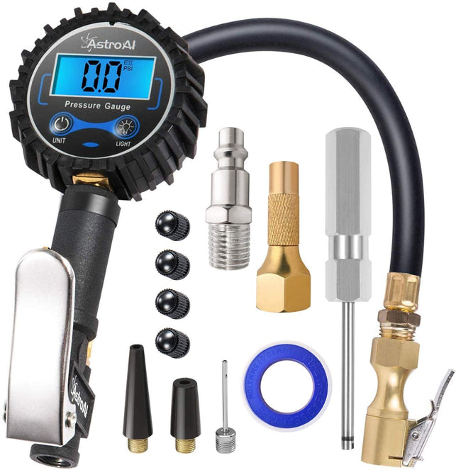 Astroai Digital Tire Inflator with Pressure Gauge, 250 PSI Air Chuck and Compressor Accessories Heavy Duty with Rubber Hose and Quick Connect Coupler Car Accessories for 0.1 Display Resolution