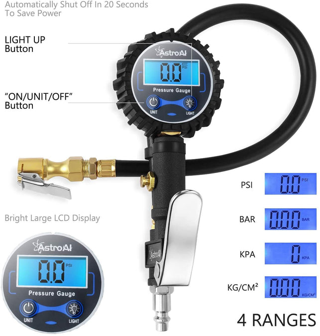 Astroai Digital Tire Inflator with Pressure Gauge, 250 PSI Air Chuck and Compressor Accessories Heavy Duty with Rubber Hose and Quick Connect Coupler Car Accessories for 0.1 Display Resolution