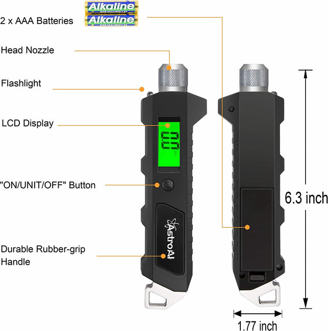 Astroai Digital Tire Pressure Gauge, 230 PSI 4 Settings Heavy Duty for Car Bicycle with Larger Backlit LCD Flashlight and Non-Slip, Black