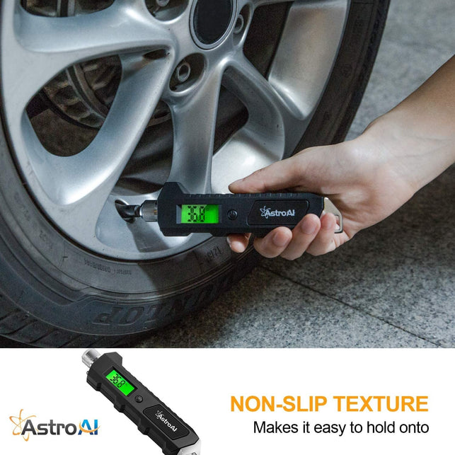 Astroai Digital Tire Pressure Gauge, 230 PSI 4 Settings Heavy Duty for Car Bicycle with Larger Backlit LCD Flashlight and Non-Slip, Black