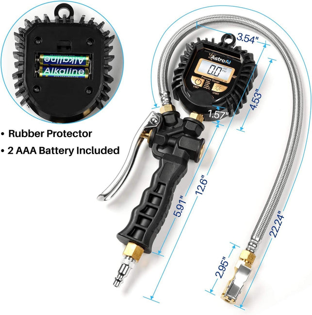 Astroai Digital Tire Pressure Gauge, Heavy Duty Tire Inflator Gauge 250PSI Air Chuck Compressor Accessories with Stainless Braided Hose, Rotatable Dial&Quick Connect Coupler for Truck/Rv/Suv