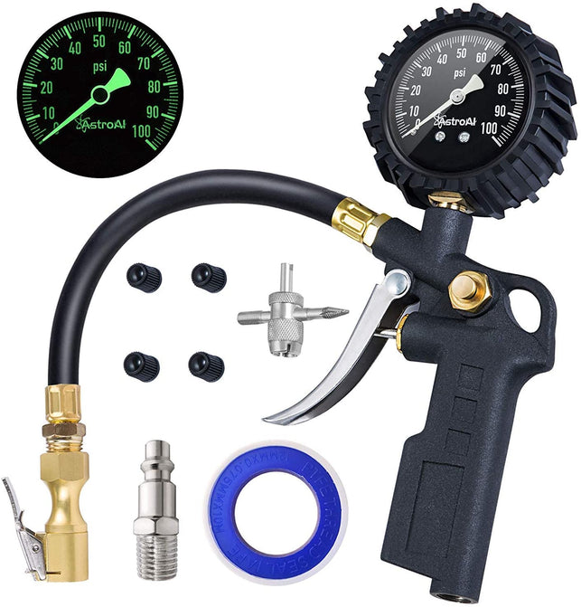 AstroAI Tire Inflator with Pressure Gauge, 100 PSI Air Chuck and Compressor Accessories Heavy Duty with Large 2.5" Easy Read Glow Dial, Durable Rubber