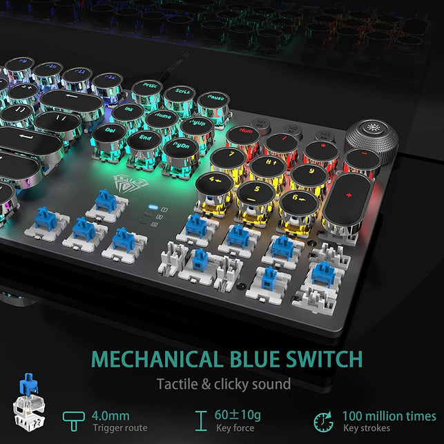 AULA F2088 Typewriter Style Mechanical Gaming Keyboard Blue Switch, with Removable Wrist Rest, Media Control Knob, Rainbow Backlit, Retro Punk round Keycaps, Full Size USB Wired Computer Keyboards