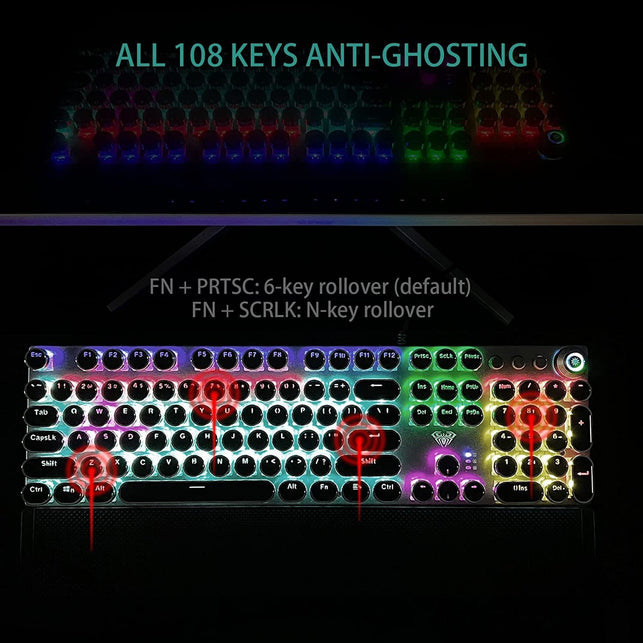 AULA F2088 Typewriter Style Mechanical Gaming Keyboard Blue Switch, with Removable Wrist Rest, Media Control Knob, Rainbow Backlit, Retro Punk round Keycaps, Full Size USB Wired Computer Keyboards