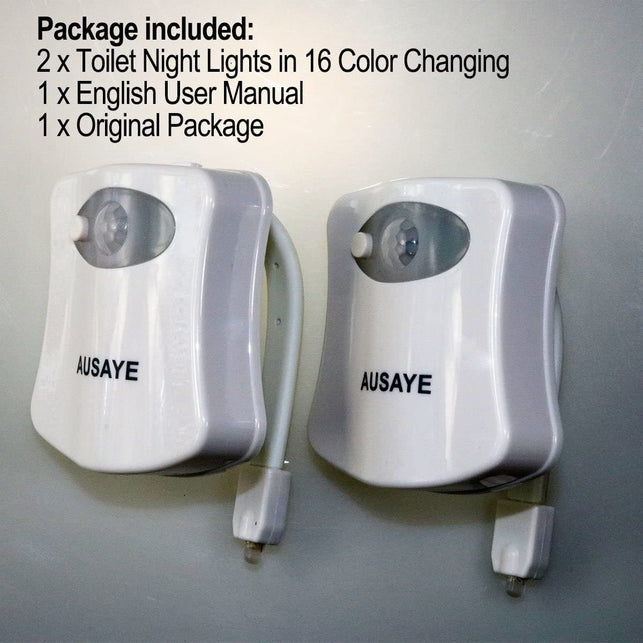 AUSAYE 2Pack Toilet Night Light, 16-Color Changing Motion Sensor Toilet Light, Fun Bathroomtoilet Bowl Nightlight,Led Christmas Gifts Stocking Stuffers for Kids Him Her Men Mom Father