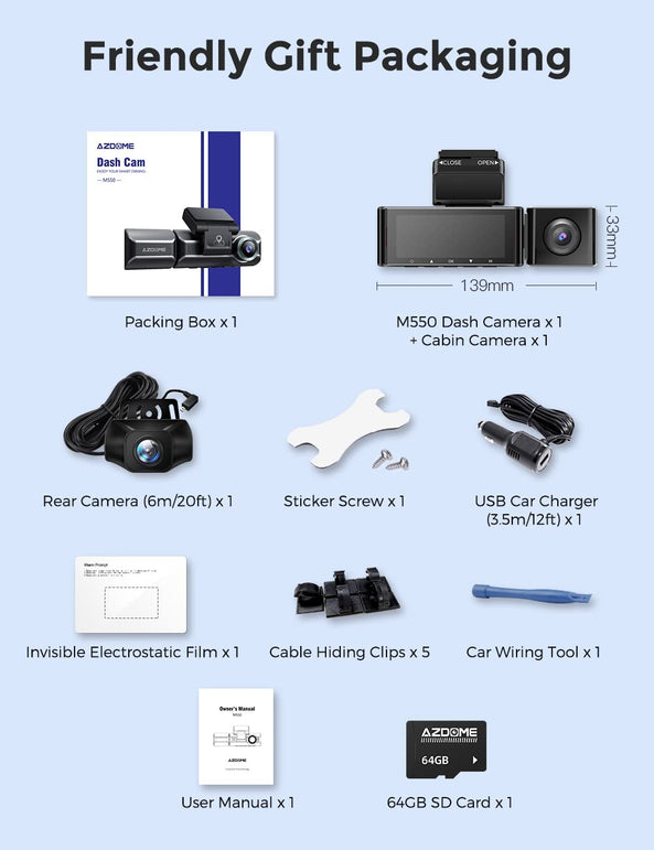 AZDOME M550 Dash Cam 3 Channel, Built in Wifi GPS, with 64GB Card, Front inside Rear 1440P+1080P+1080P Car Dashboard Camera Recorder, 4K+1080P Dual, 3.19" IPS, IR Night Vision, Capacitor, Parking Mode