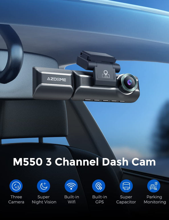 AZDOME M550 Dash Cam 3 Channel, Built in Wifi GPS, with 64GB Card, Front inside Rear 1440P+1080P+1080P Car Dashboard Camera Recorder, 4K+1080P Dual, 3.19" IPS, IR Night Vision, Capacitor, Parking Mode