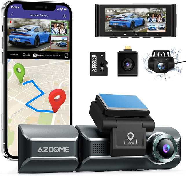 AZDOME M550 Dash Cam 3 Channel, Built in Wifi GPS, with 64GB Card, Front inside Rear 1440P+1080P+1080P Car Dashboard Camera Recorder, 4K+1080P Dual, 3.19" IPS, IR Night Vision, Capacitor, Parking Mode