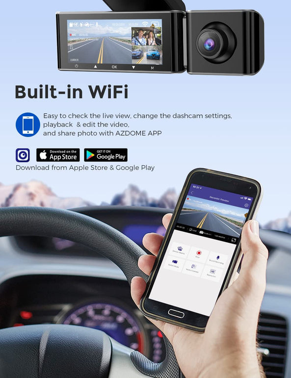 AZDOME M550 Dash Cam 3 Channel, Built in Wifi GPS, with 64GB Card, Front inside Rear 1440P+1080P+1080P Car Dashboard Camera Recorder, 4K+1080P Dual, 3.19" IPS, IR Night Vision, Capacitor, Parking Mode