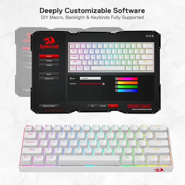 Redragon K530 Pro Draconic 60% Wireless RGB Mechanical Keyboard, Bt/2.4Ghz/Wired 3-Mode 61 Keys Compact Gaming Keyboard W/Hot-Swap Socket, Free-Mod Plate Mounted PCB & Tactile Brown Switch