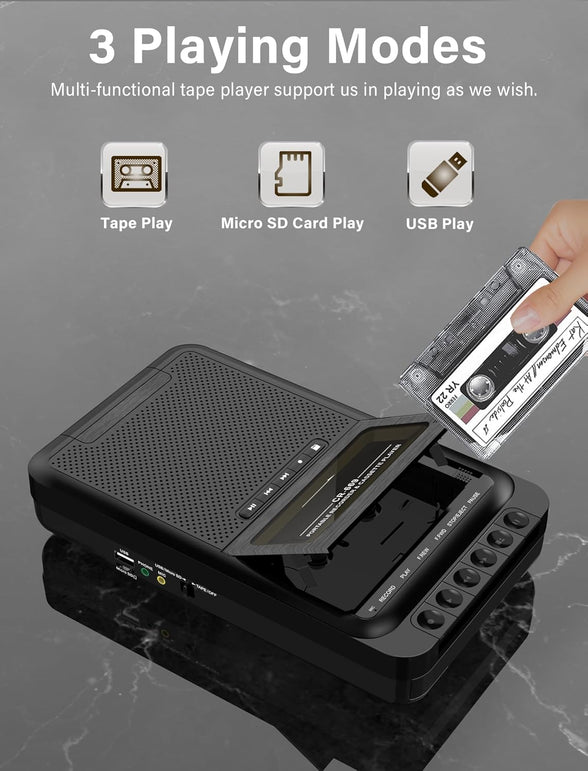 Gracioso Cassette Player Converter, Portable Cassette to MP3 Music via U Disk/Sd Card or PC, Record to Cassettes/Usb/Sd Card via Mic,Cassette Tape Player with Headphone Jack,Retractable Handle