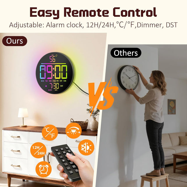 10 Inch(25Cm) Digital Wall Clock with Temperature & Date, Large LED Digits, Auto DST, RGB Display, Seconds, Auto Dimming, Alarm & Countdown for Gym, Bedroom & Office