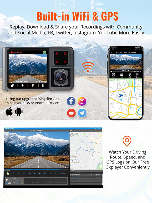 Kingslim D1 Pro 2K Dash Cam Front and inside with Wi-Fi GPS - 2K/1080P Dual Dash Camera for Cars, Car Dash Cam with Super Night Vision and 340° Wide Angle, 24H Parking Monitor, 128G Supported