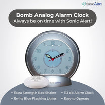 Sonic Alert Alarm Clock – Sonic Bomb Analog Clock - Loud Alarm Clock for Heavy Sleepers – Alarm Clock with Bed Vibrator – Easy to Use - Silver