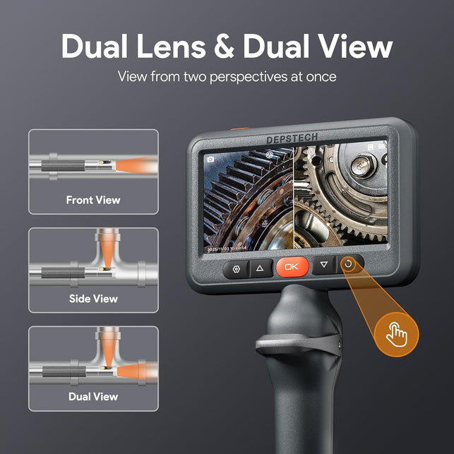 DEPSTECH Dual Lens Borescope Camera with Light, Two-Way Articulating Borescope, 5" IPS Dual View Endoscope with 0.33In Slim Probe, 1080P Waterproof Inspection Camera for Wall Auto Engine Inspect-5Ft