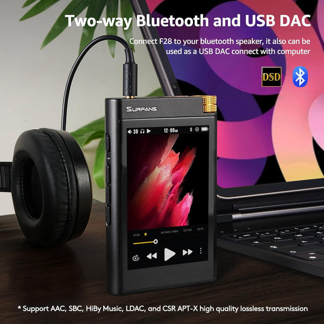 Surfans Hifi Bluetooth MP3 Player: F28 High Res Lossless Portable Music Player - 3.5 Inch Digital Audio Player 32GB Support up to 512GB