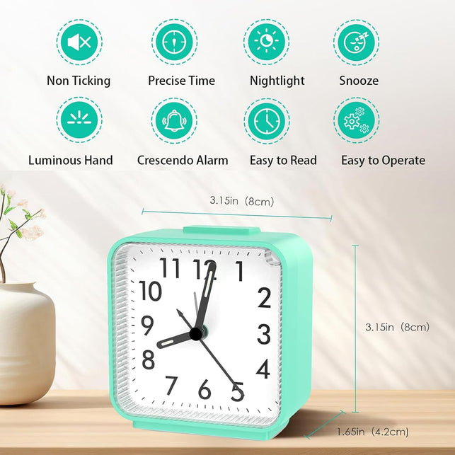 ORIA Small Analog Alarm Clock, Green Dial with Luminous Hands, Silent No Tick, Snooze, Battery Operated for Bedroom, Office, School, Travel