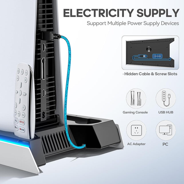 Rysker PS5 Pro & PS5 Slim & PS5 Stand with 3-Level Fan for Playstation 5 Console, PS5 Cooling Stand with PS5 Controller Charger