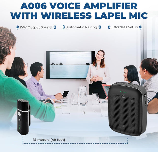 Voice Amplifier with Wireless Lapel Microphone - Personal Megaphone for Teachers, 15W Portable Mini Bluetooth PA System and Clip-On Lavalier Mic for Classroom, Speech, Yoga, Tour Guide - A006