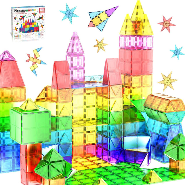 Picassotiles 60 Piece Set 60Pcs Magnet Building Tiles Clear Magnetic 3D Building Blocks Construction Playboards - Creativity beyond Imagination, Inspirational, Recreational, Educational, Conventional