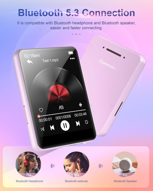 64GB MP3 Player with Bluetooth 5.3, Portable Digital Lossless Music Player with Built-In Speaker, 2.4 in Full Touch Screen, FM Radio, Line-In Voice Recorder, Earphones Included, Support up to 128GB