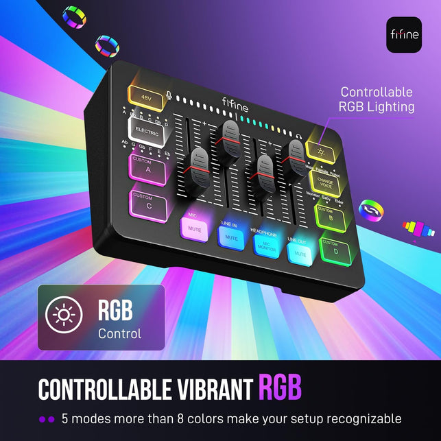 FIFINE Gaming Audio Mixer, Streaming RGB PC Mixer with XLR Microphone Interface, Individual Control, Volume Fader, Mute Button, 48V Phantom Power, for Podcast/Recording/Vocal/Game Voice-Ampligame SC3