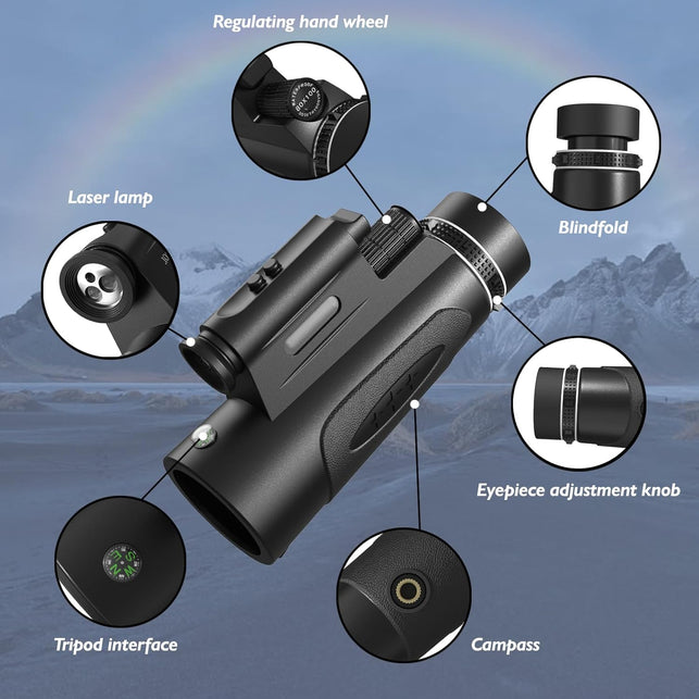 80X100 HD Monoculars with Lights Portable Monocular for Adults Outdoor Stargazing Bird Hiking Hunting HD Monoculars with Lights Observe Wildlife Black