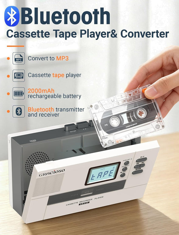 Gracioso Bluetooth Cassette to MP3 Converter with 2000Mah Battery Bluetooth Transmitter & Receiver | Cassette Tape Player with 6W Speaker | Cassette to MP3 via Usb/Tape | 3.5Mm Earphone Jack