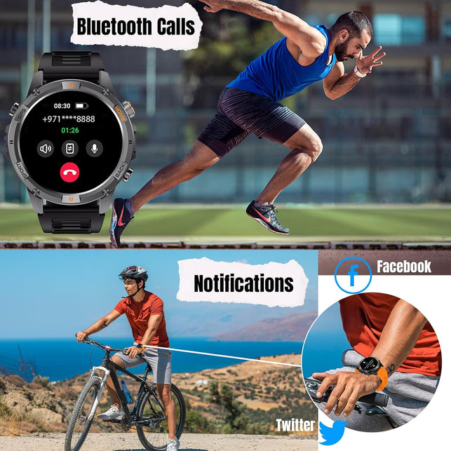 Bostbo Military Smart Watch,1.46" IPS Screen,Bluetooth Call, Smart Watches for Men,100+ Sport Modes for Men,Ip68 Waterproof，Compass with Flashlight Compatible with Ios & Android, Built-In GPS