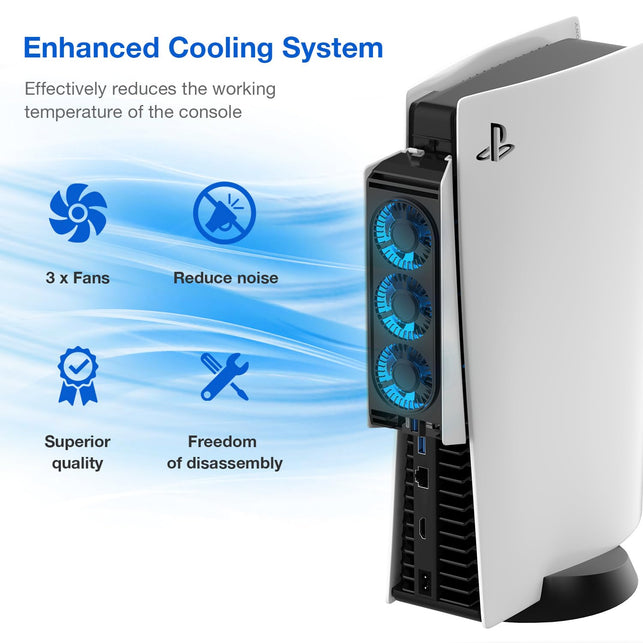 MEQI PS5 Cooling Fan, MEQI PS5 Accessories Upgraded Quiet Cooler Fan with LED Light & USB 3.0 Hubs, Efficient Cooling Station for Playstation 5 Disc/Digital Edition