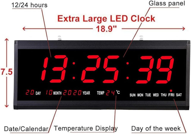18.9 Inch Oversized LED Digital Wall Clock,Timer with Date/Week and Temperature Caiendar, Large Digital Clock.Home Decoration-Red