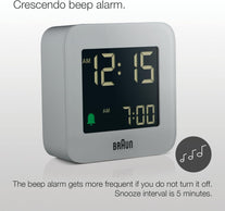 Braun Digital Travel Alarm Clock with Snooze, Compact Size, Negative LCD Display, Quick Set,Crescendo Beep Alarm in Grey, Model BC08G.
