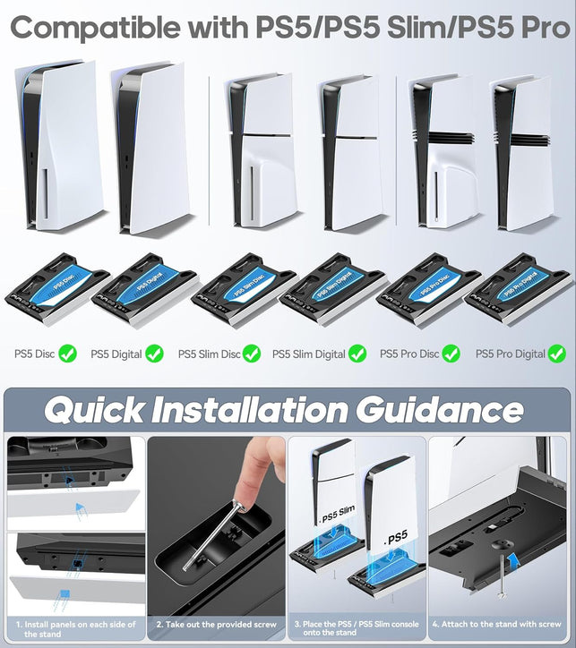 Rysker PS5 Pro & PS5 Slim & PS5 Stand with 3-Level Fan for Playstation 5 Console, PS5 Cooling Stand with PS5 Controller Charger