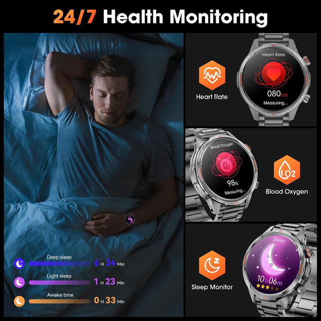 Military Smartwatch for Men, 100-Day Standby, Bluetooth Call with Compass