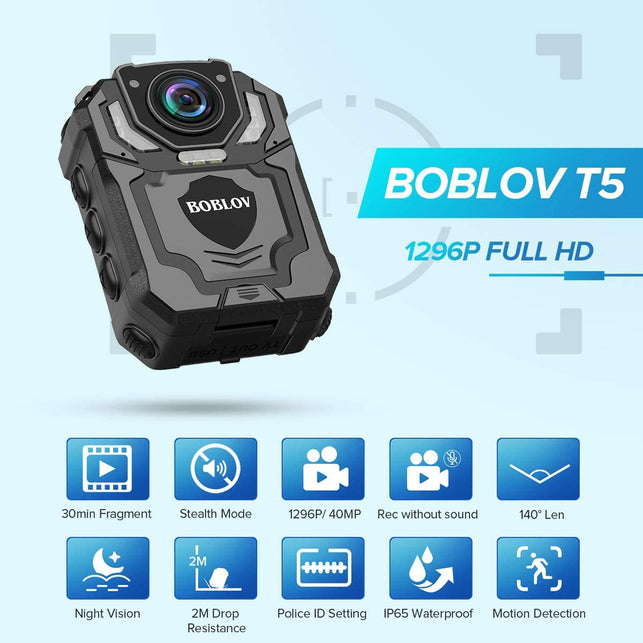 BOBLOV T5 128GB/64GB 1440P Body Camera with Audio Recording,Built-In SD Card, Two Batteries with Dock, Wearable Police Body Camera for Law Enforcement, Night Vision, File Protection