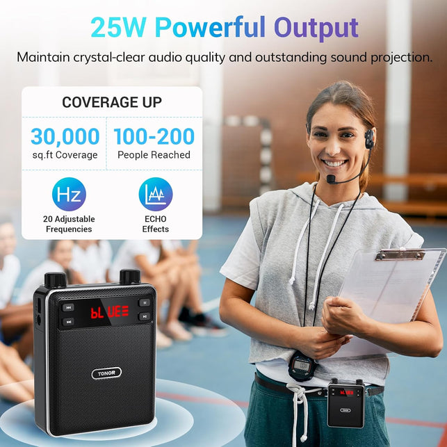 TONOR Voice Amplifier Wireless Microphone 25W, Portable Voice Amplifier for Teachers with Bluetooth Headset Mic, Portable Speaker Megaphone 25 M/82Ft for Classroom, Training, Teaching, Yoga, K12