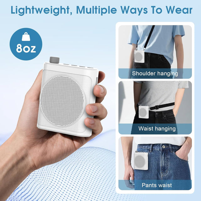 15W Wireless Voice Amplifier with 2 Magnetic Lavalier Mics & Noise Reduction - Bluetooth 5.3 PA System for Teachers, Tour Guide, Yoga - 15H Rechargeable Battery, Waist-Mount Design (White)