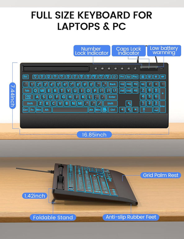 SABLUTE Large Print Backlit Keyboard, USB Wired Computer Keyboard with Backlight Memory Function, Wrist Palm, 7-Color Lighted Office Home Keyboards,Light up Keyboard for Windows Desktop, Laptop, PC