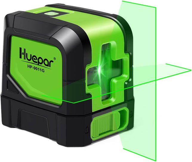 HUEPAR Laser Level Self-Leveling - 100 Feet DIY Bright Green Cross Line Laser Leveler for Picture Hanging, Tile, Decoratio and Construction Indoor Project, 360° Magnetic Base & Battery Included