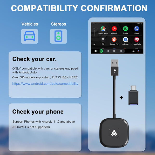 Android Auto Wireless Adapter,Wireless Android Auto Car Adapter/Dongle Plug and Play for Factory Wired Android Auto in All Cars - Low Latency and Easy to Install