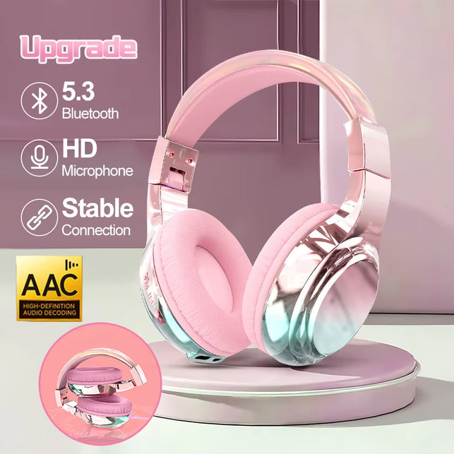 QearFun Glossy Gradient Pink Bluetooth5.3 Headphone for Girl Wireless Headphone with Mic over Ear Headset for Girlfriend Christmas Gift