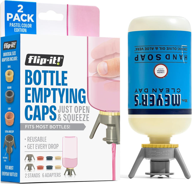 Flip-It! 2-Pack Premium Bottle Emptying Kit – No More Wasted Product - Fits Most Plastic Bottles – Get Out Every Drop of Shampoos, Lotions, & More – 2 Base Caps, 6 Adapters – Pastel Color Edition