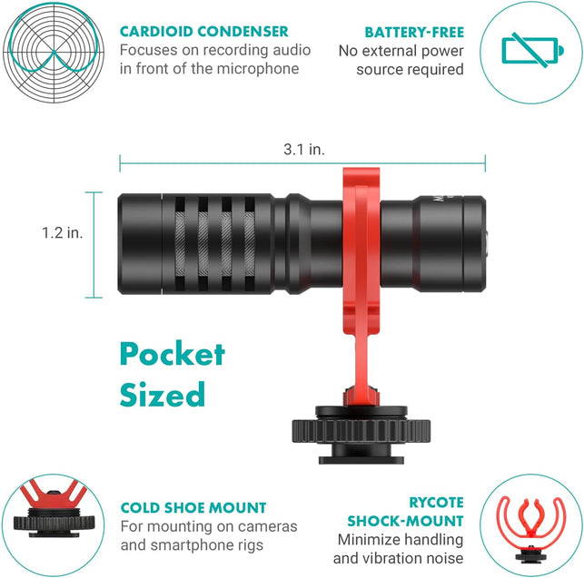Movo VXR10 Universal Shotgun Mic for Camera - Camera Microphone for DSLR, Iphone and Android Smartphones - Compatible with Canon EOS, Nikon, and Sony Cameras - Professional Video Microphone