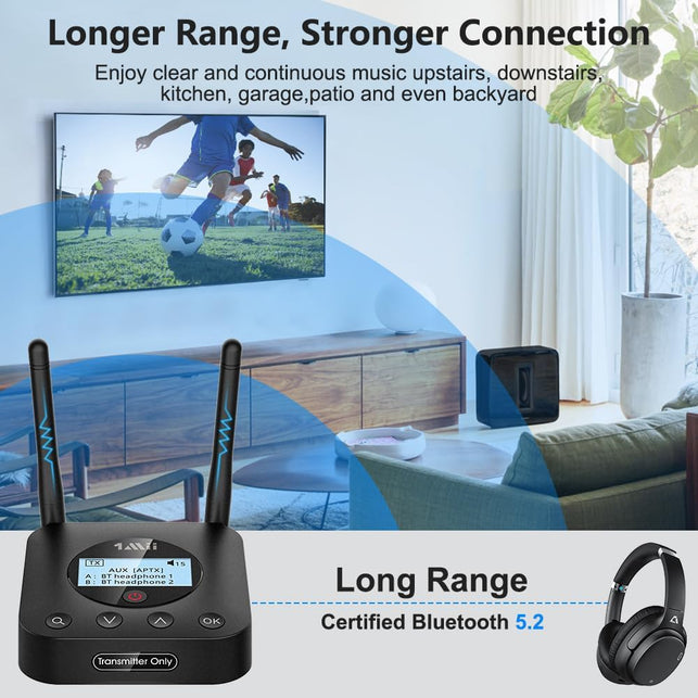 1Mii B06TX+ Long Range Bluetooth 5.2 Transmitter for TV/PC to 2 Wireless Headphones/Speakers, Bluetooth Adapter for TV W/Screen Display Plug N Play, Aptx Low Latency & HD Audio