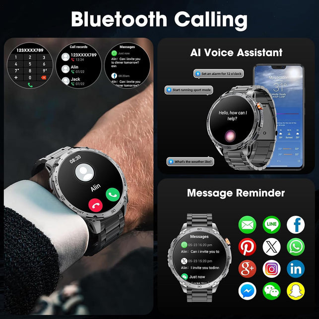 Military Smart Watch for Men 1.75" HD AMOLED Display 730Mah Battery Smart Watches with LED Flashlight for Android Ios（Bluetooth Call Answer/Dial Calls） Fitness Tracker Black Steel Strip