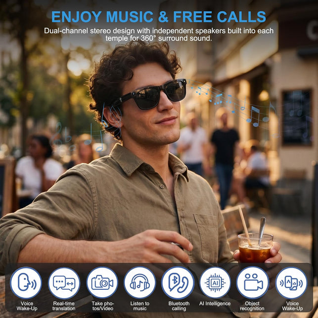 AI Smart Glasses with 4K Video Recording & 8MP Camera Bluetooth 5.4 Open Ear Audio, Built-In AI Assistant & Real-Time Translation, Lightweight Smart Eyewear for Men Women