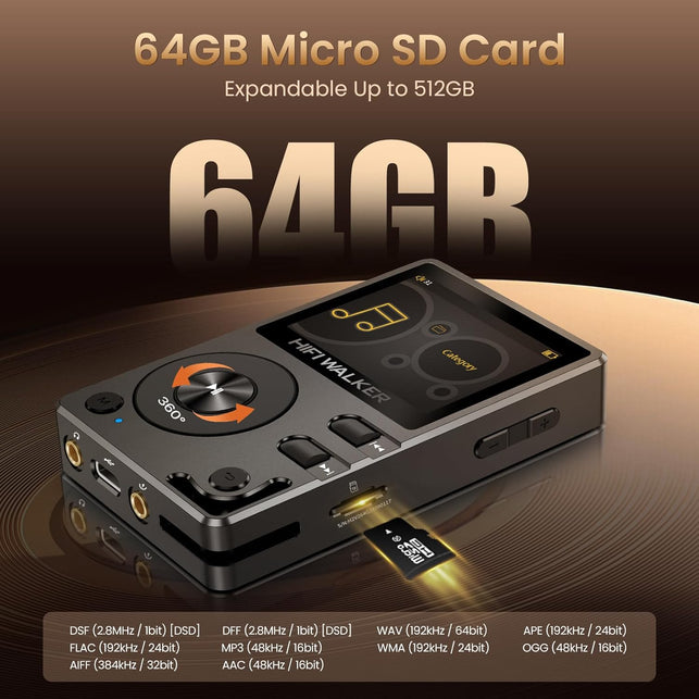 HIFI WALKER H2 Hifi MP3 Player with Bluetooth 5.2, Lossless DSD FLAC Player, Digital Audio Player Hi Res Portable Music DAP Player with 64GB Micro SD Card, Support up to 512GB